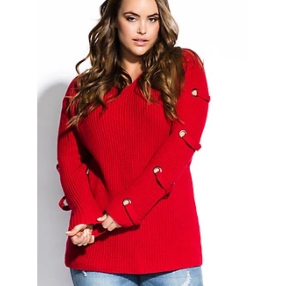 New! City Chic SZ 14/XS lust red jumper eyelet lace sleeve pullover sweater.